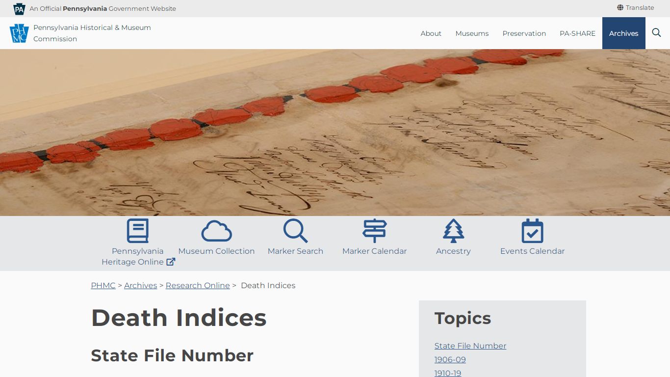 Death Indices - Pennsylvania Historical & Museum Commission